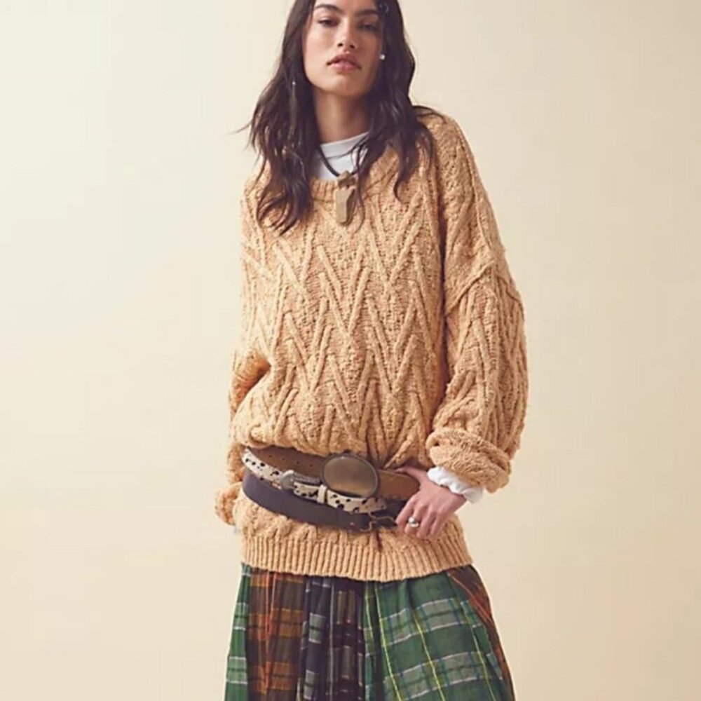 Free People Isla Cable Tunic Knit Sweater Womens Large Camel Color Oversized